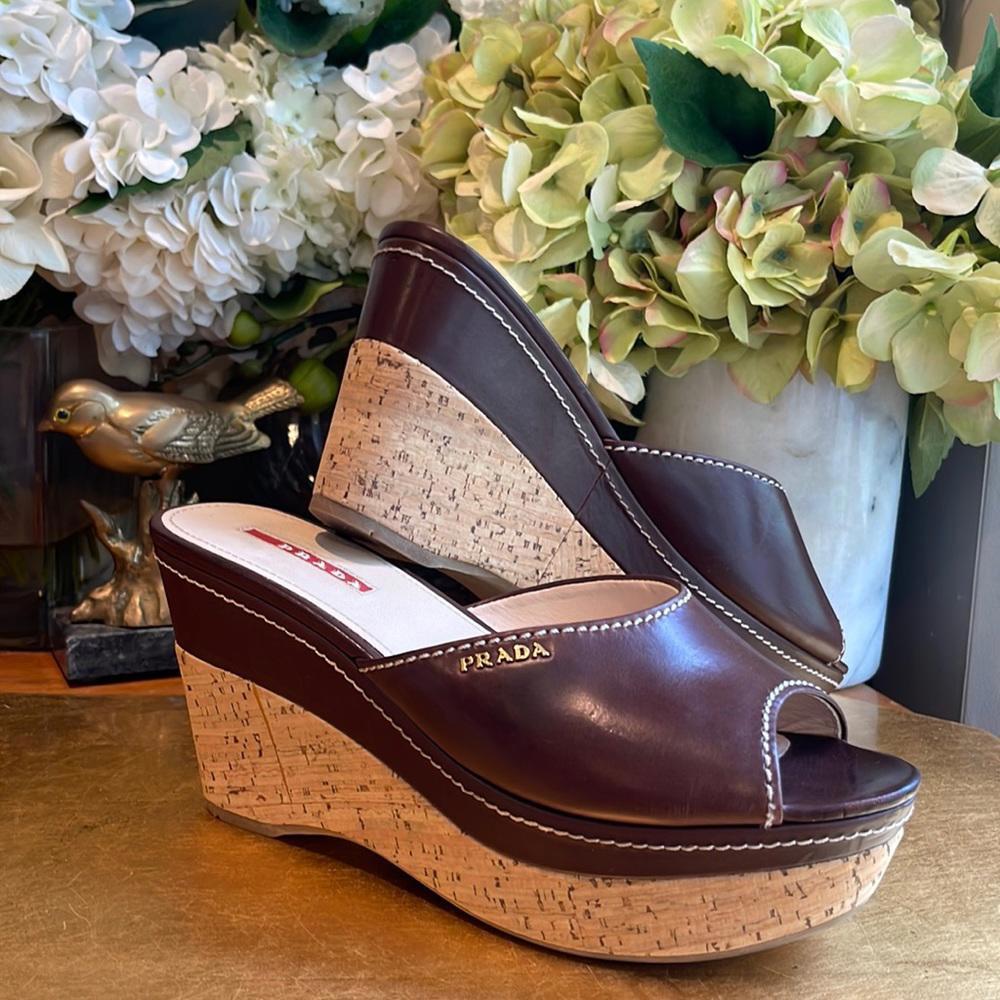 Prada Brown Leather Cork Wedge Slides | Hardly Worn!